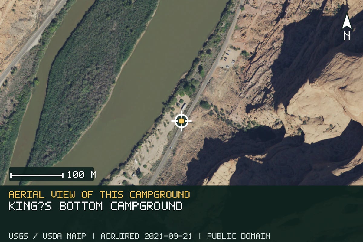 Aerial view of King's Bottom Campground, with the verified campground location marked.