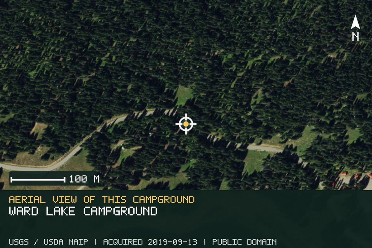 Aerial view of Ward Lake Campground, with the verified campground location marked.