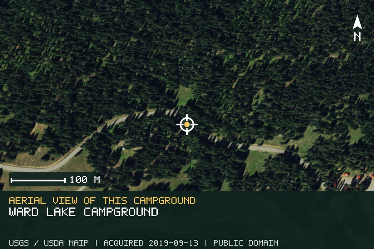 Aerial view of Ward Lake Campground, with the verified campground location marked.