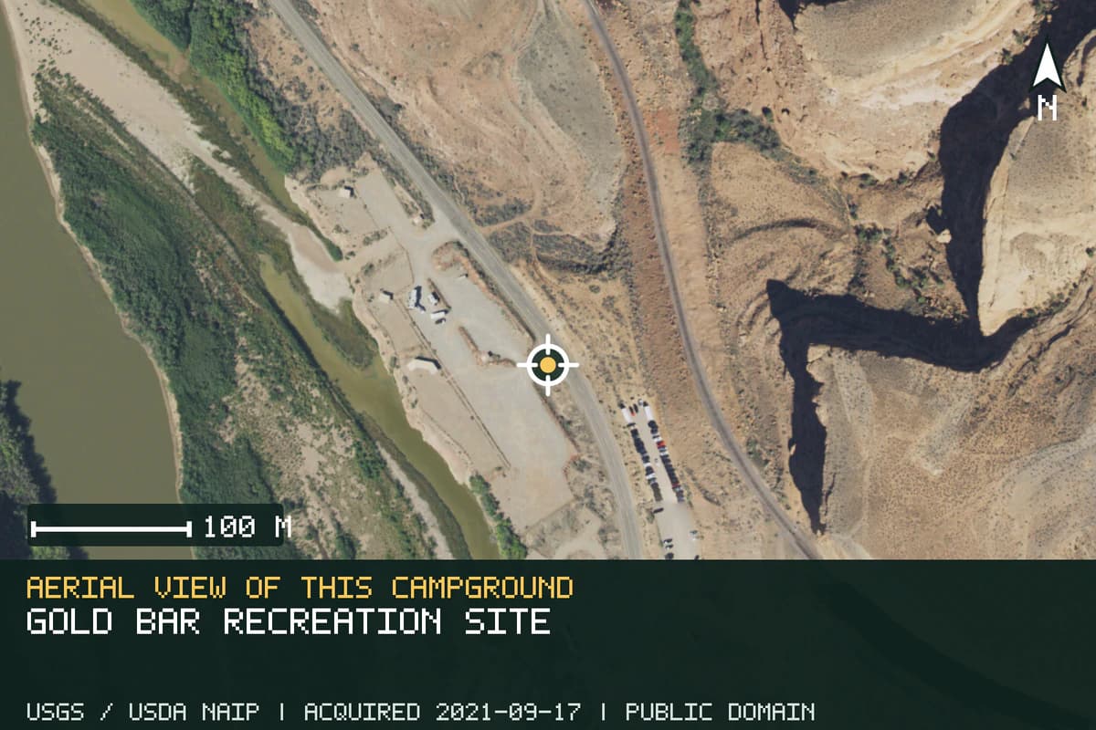 Aerial view of Gold Bar Recreation Site, with the verified campground location marked.
