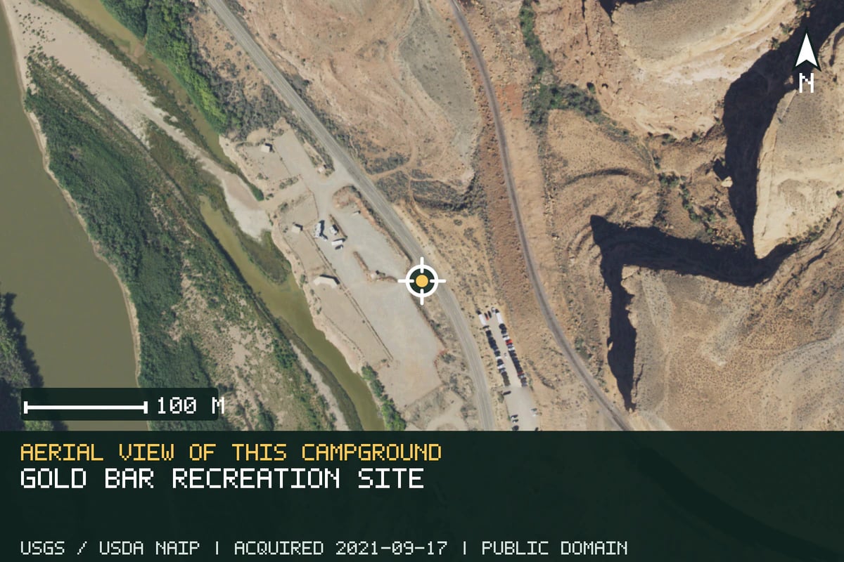 Aerial view of Gold Bar Recreation Site, with the verified campground location marked.