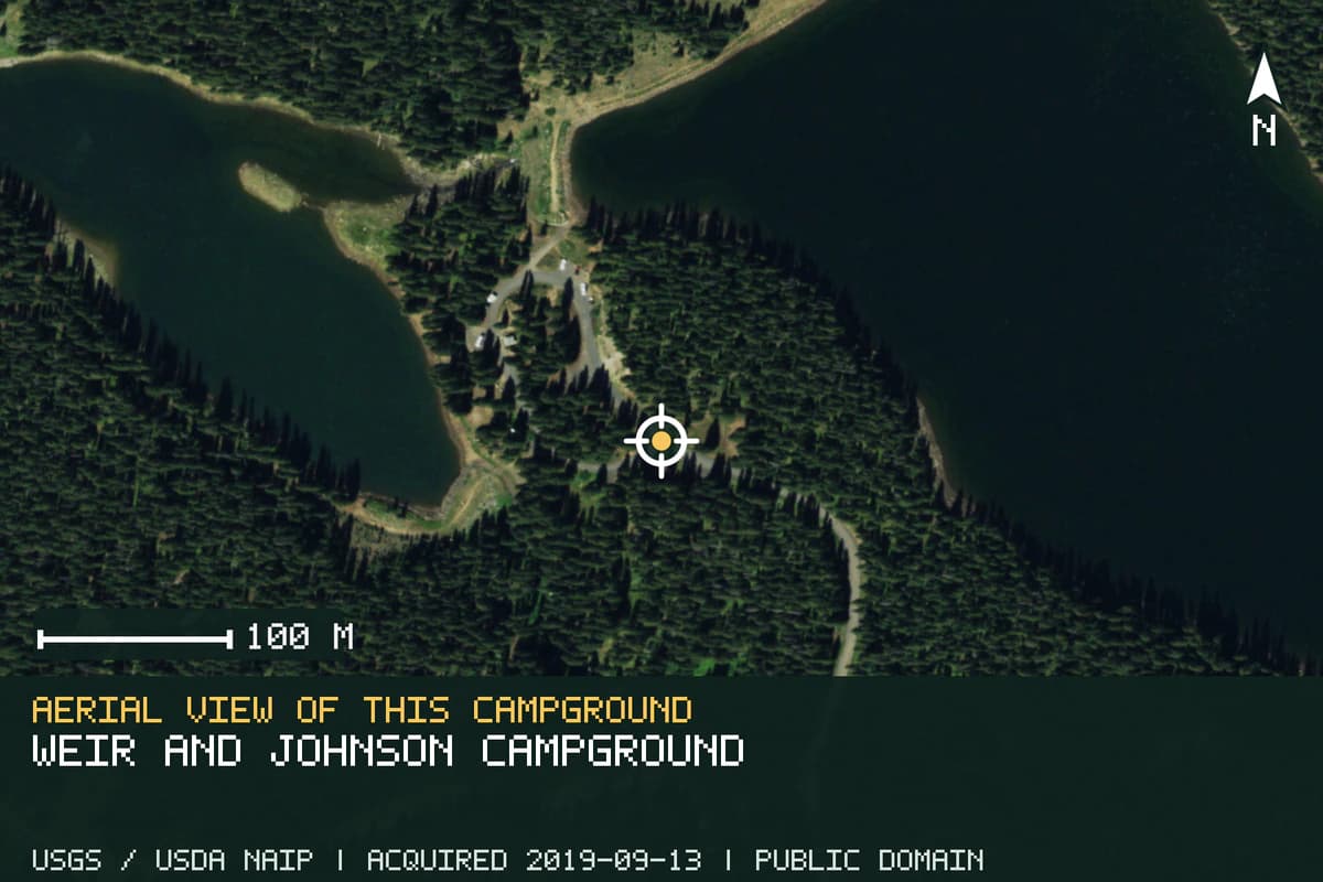 Aerial view of Weir and Johnson Campground, with the verified campground location marked.