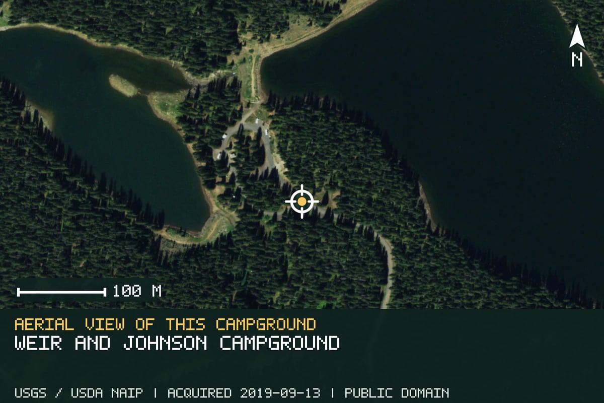 Aerial view of Weir and Johnson Campground, with the verified campground location marked.
