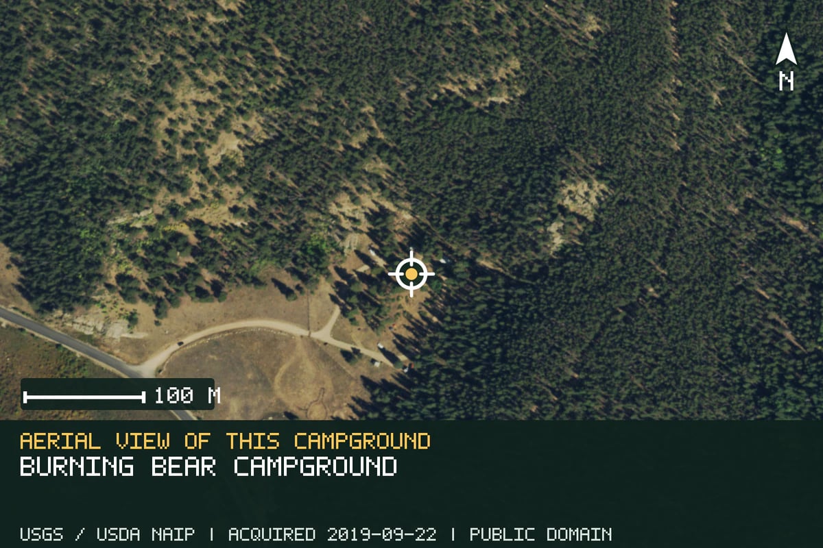 Aerial view of Burning Bear Campground, with the verified campground location marked.