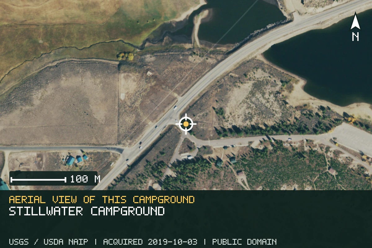 Aerial view of Stillwater Campground, with the verified campground location marked.