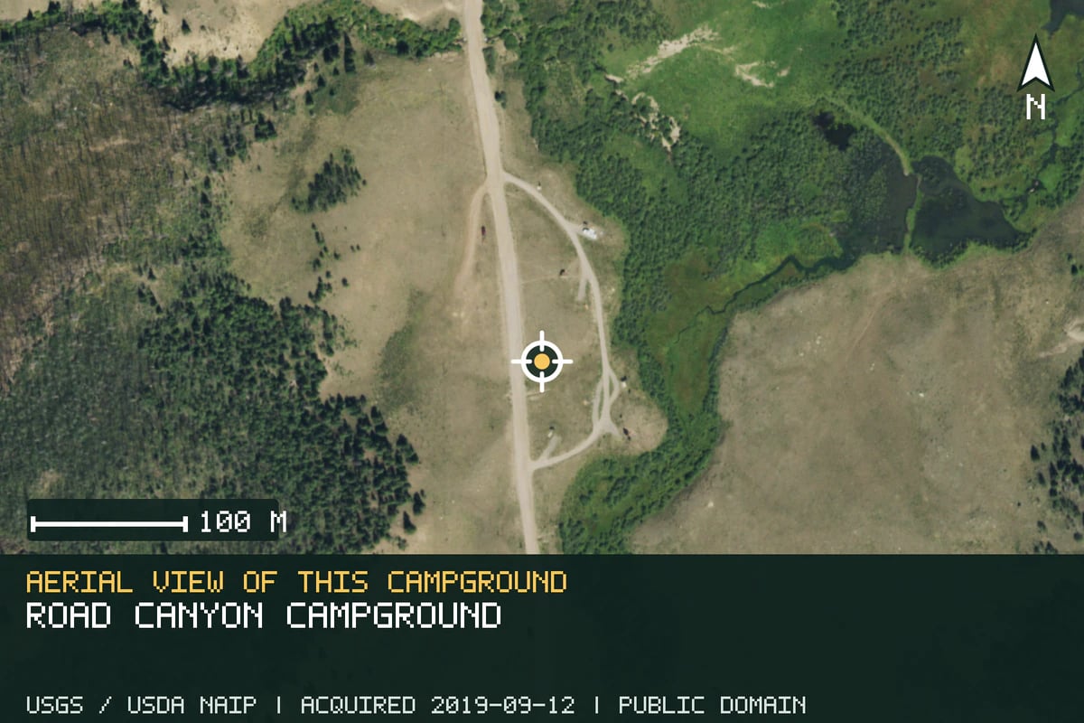 Aerial view of Road Canyon Campground, with the verified campground location marked.