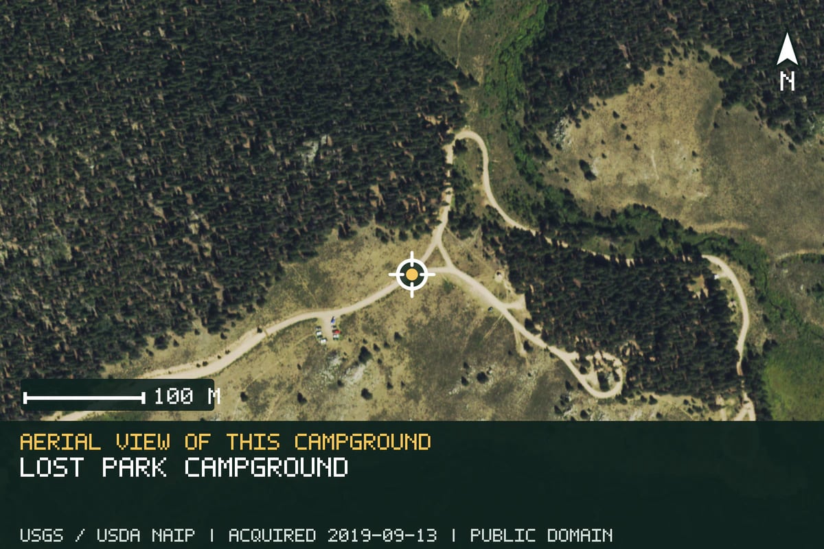 Aerial view of Lost Park Campground, with the verified campground location marked.