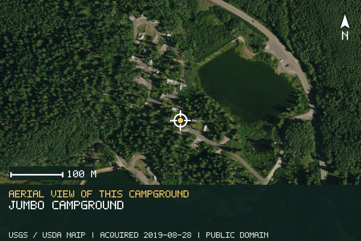 Aerial view of Jumbo Campground, with the verified campground location marked.