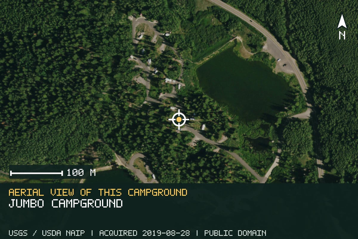 Aerial view of Jumbo Campground, with the verified campground location marked.