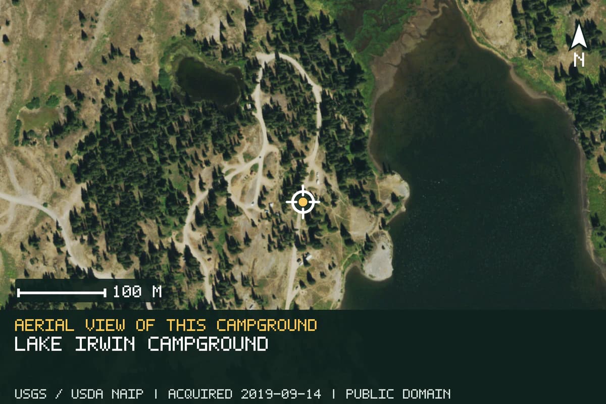 Aerial view of Lake Irwin Campground, with the verified campground location marked.