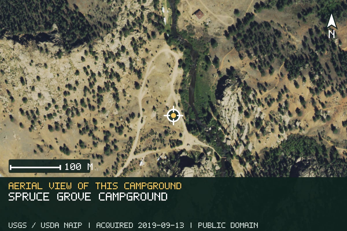 Aerial view of Spruce Grove Campground, with the verified campground location marked.