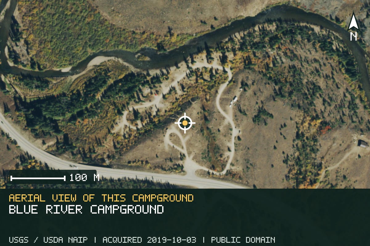 Aerial view of Blue River Campground, with the verified campground location marked.