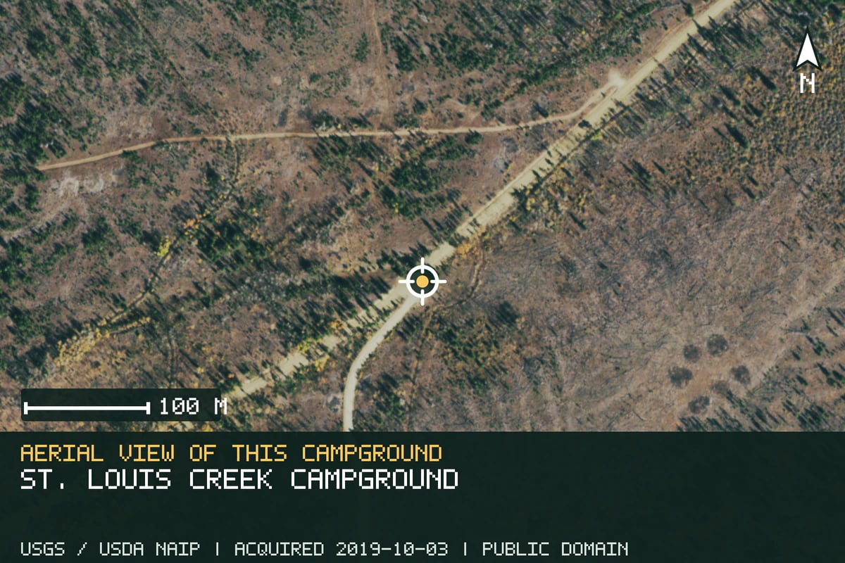 Aerial view of St. Louis Creek Campground, with the verified campground location marked.