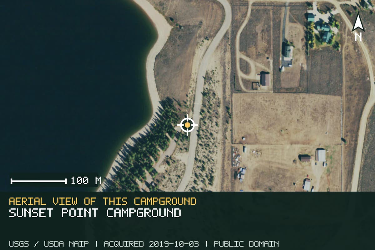Aerial view of Sunset Point Campground, with the verified campground location marked.