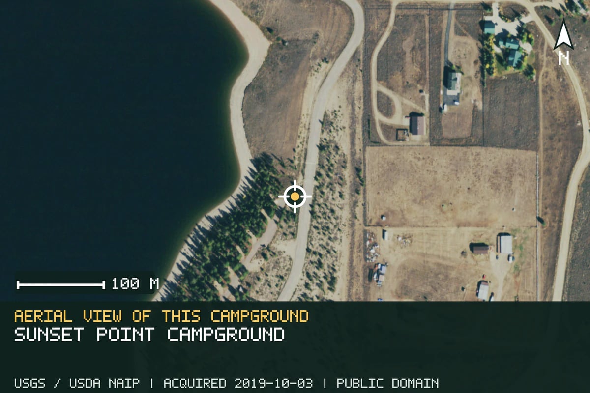 Aerial view of Sunset Point Campground, with the verified campground location marked.