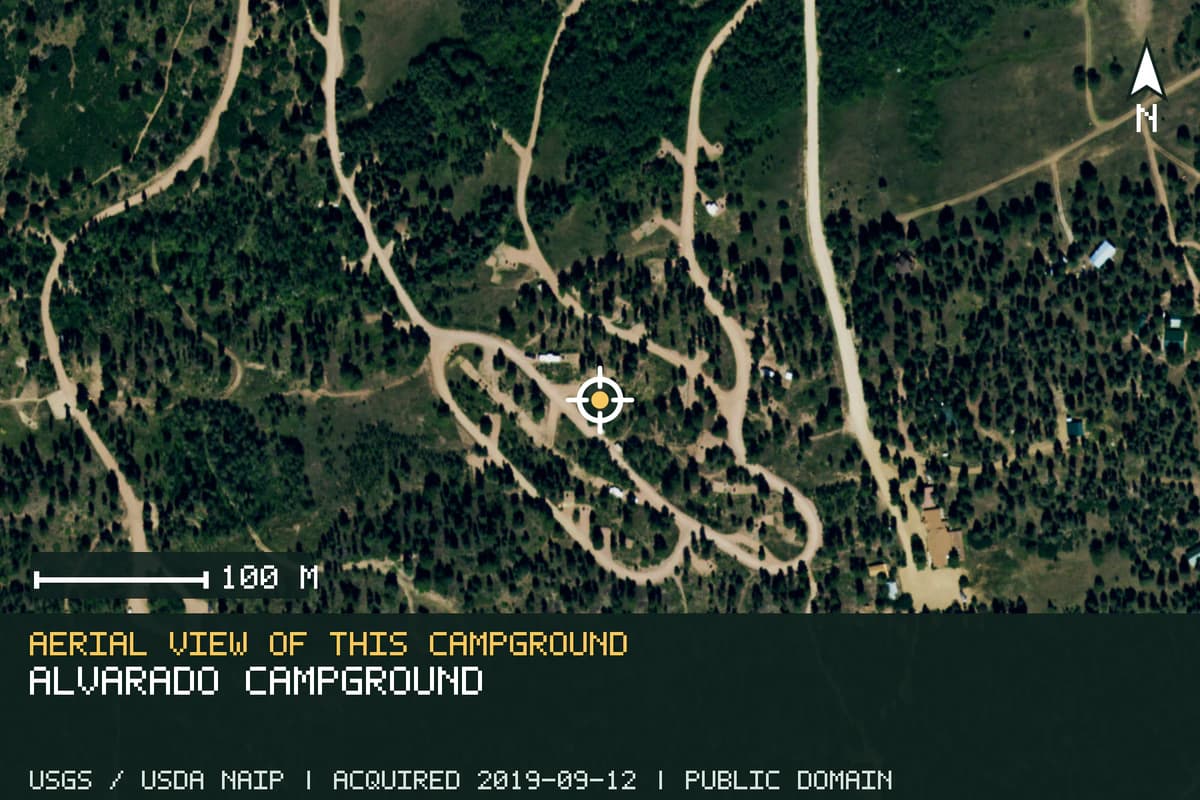 Aerial view of Alvarado Campground, with the verified campground location marked.