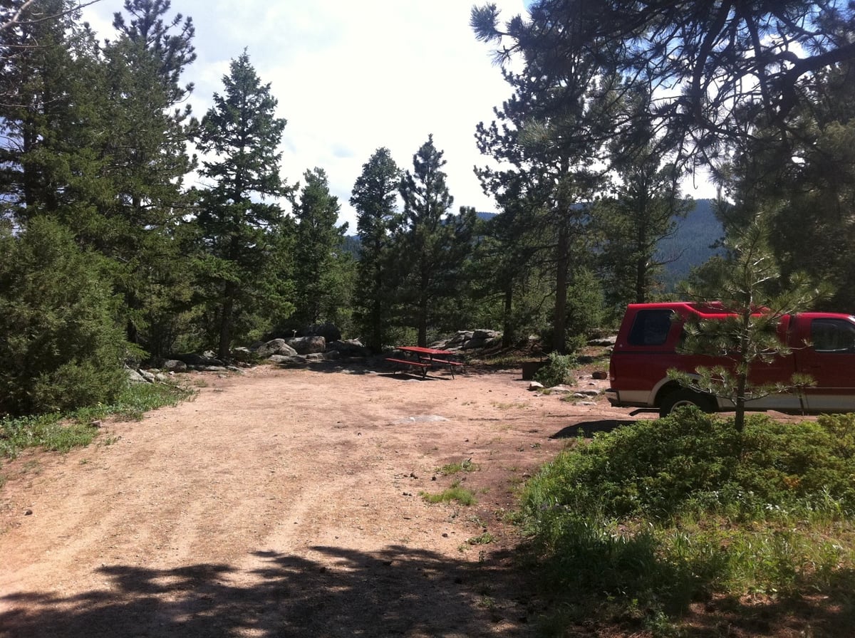 Spacious forest campsite with picnic table and mountain view at Hermit Park Open Space