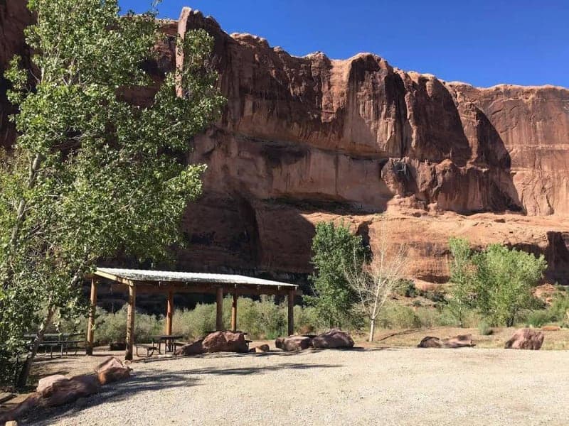 Empty Goose Island group campsite beneath red sandstone cliffs near Moab