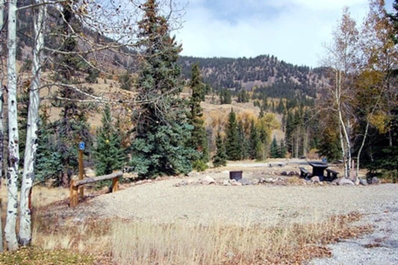 Empty gravel campsite with picnic table and fire ring among aspens at Mill Creek Campground