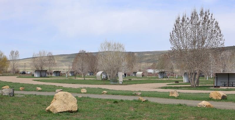 Grassy campsites and picnic shelters at Yampa River State Park Headquarters Campground
