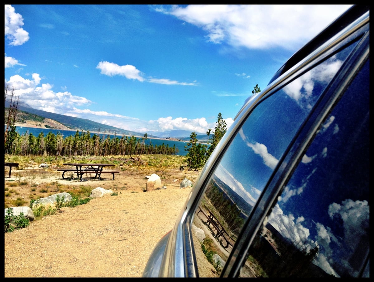 Prospector Campground campsite and picnic table overlooking Dillon Reservoir