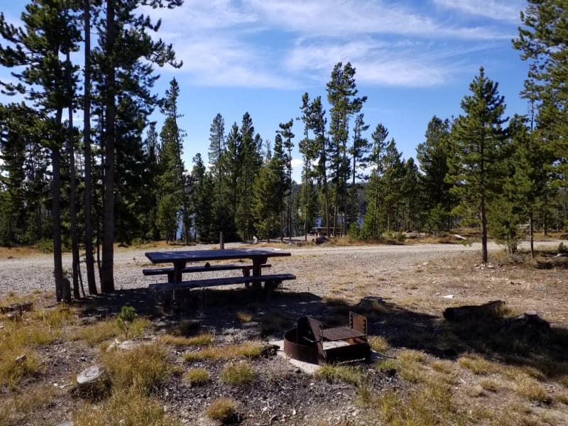 Picnic table and fire ring at Rob Roy Campground near sites 50 and 51