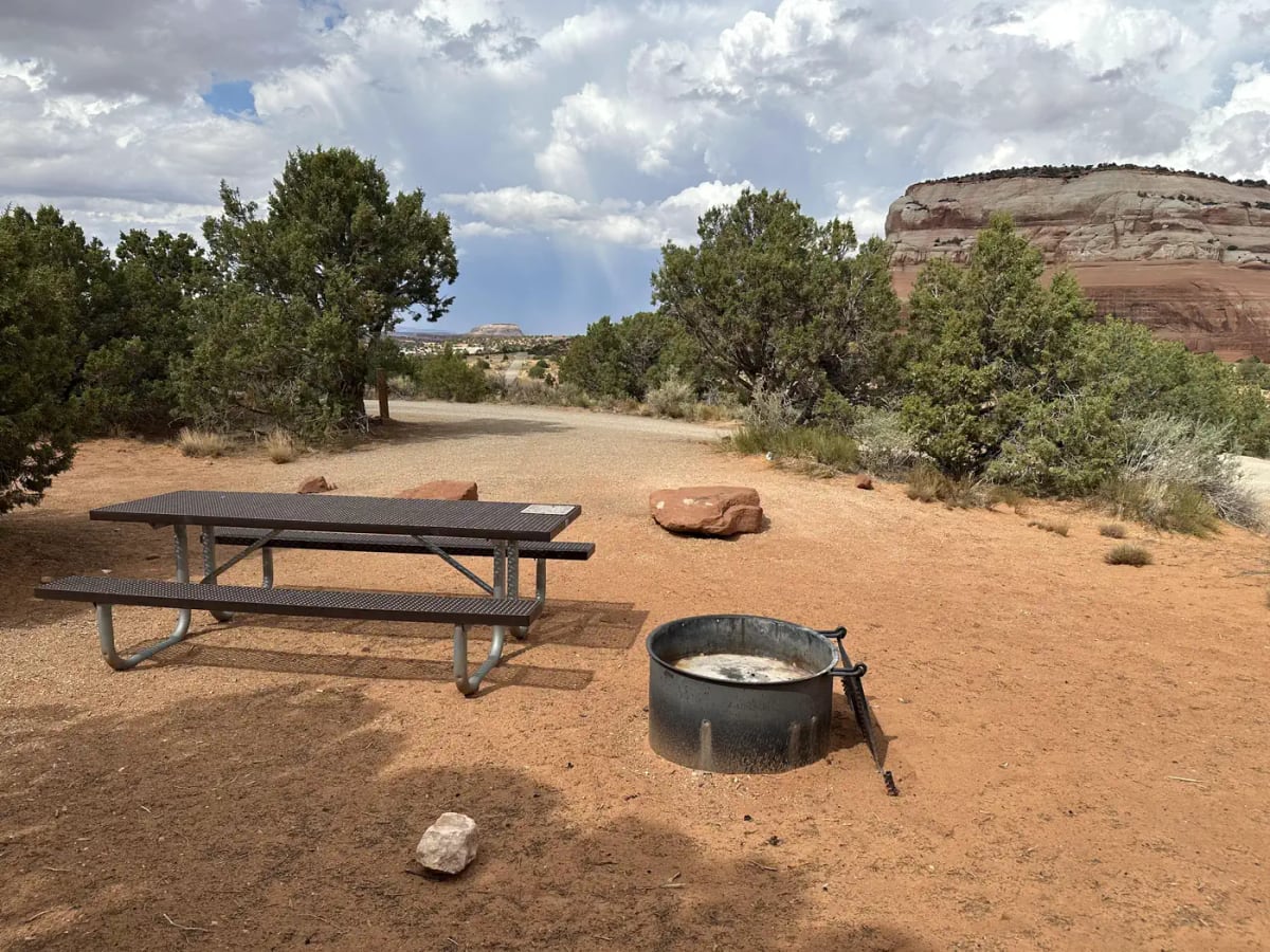 Metal picnic table and fire ring among pinyon-juniper at Windwhistle Campground