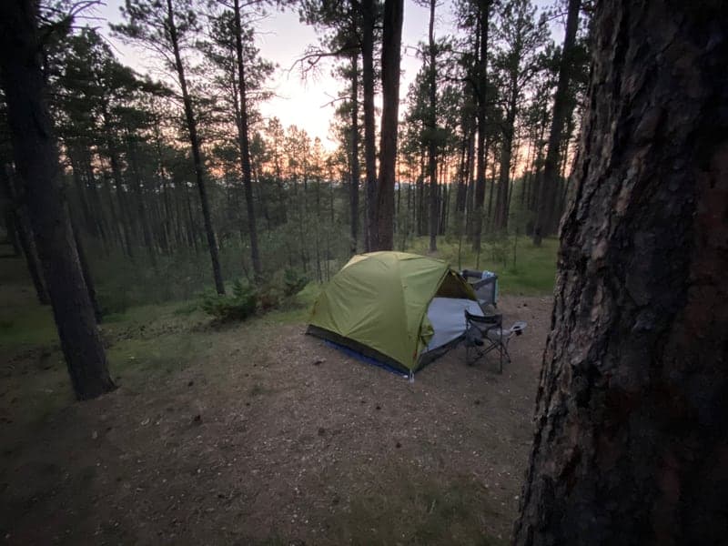 Tent at sunset among ponderosa pines in Stockade Lake North Campground