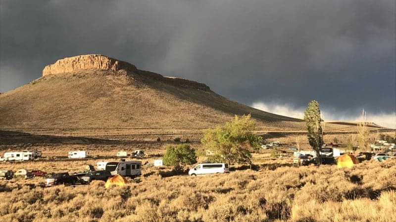 Dramatic Dark Clouds over a Butte form the backdrop of Elk Creek Campground