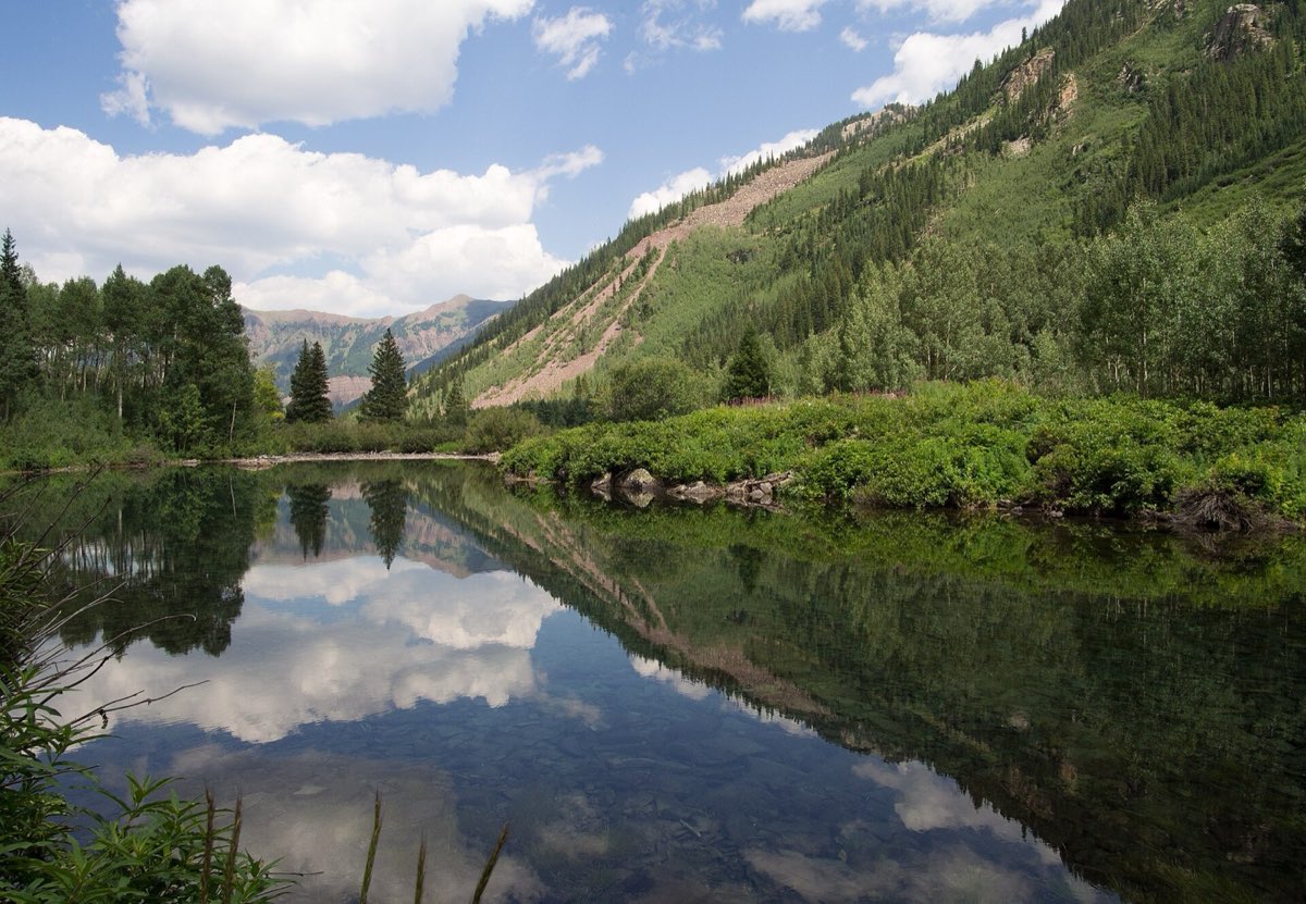 The Maroon Bells reflected in Maroon Lake near Aspen.