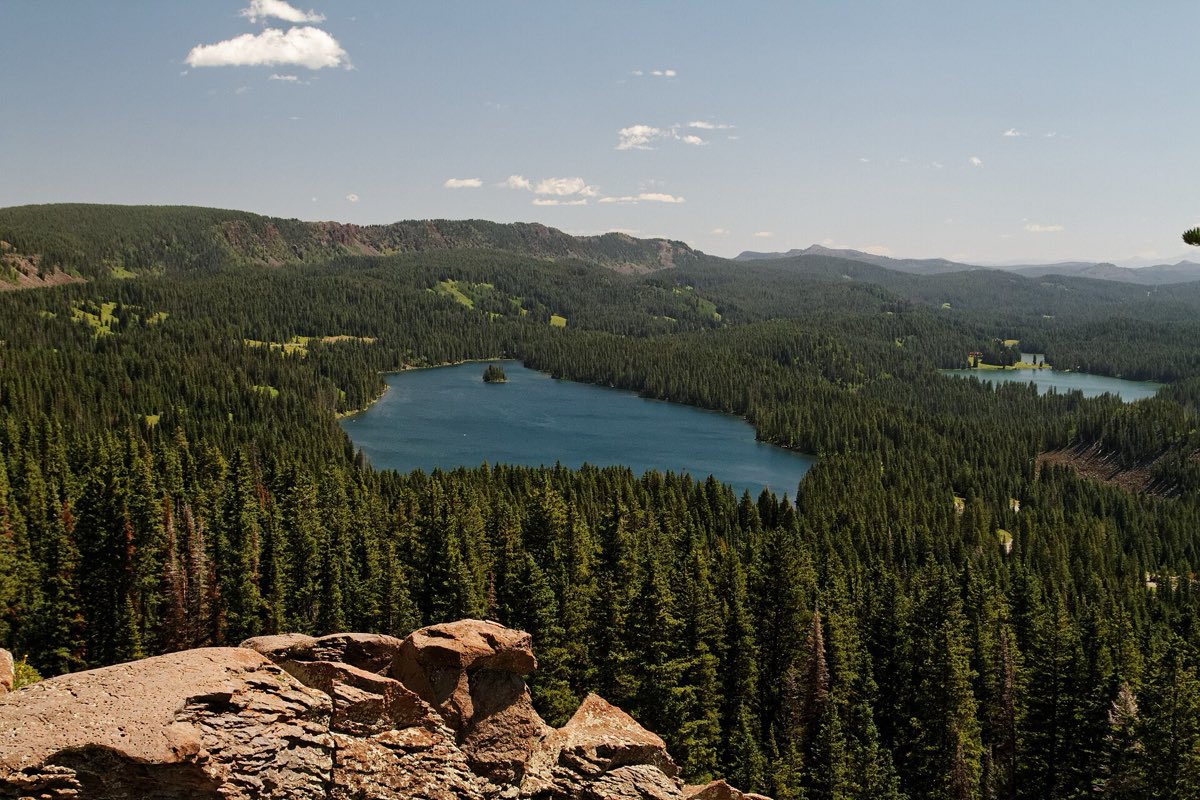 An island-dotted blue lake lies among dense evergreen forest on Grand Mesa.